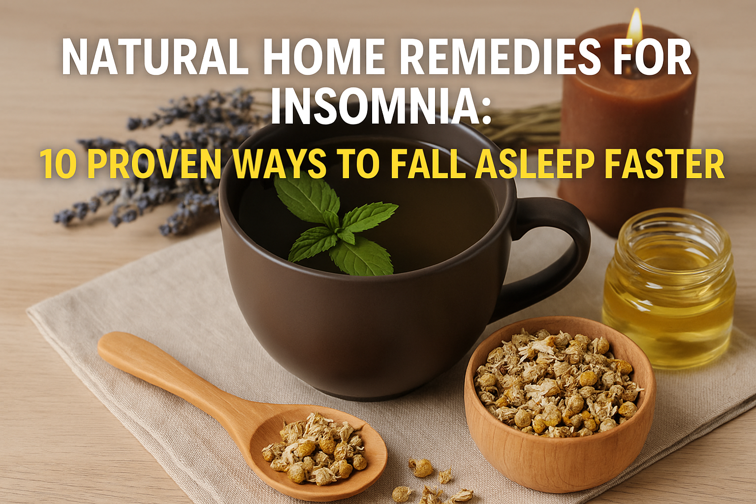 Cup of herbal tea with chamomile, lavender, honey, and candle—natural sleep remedies setup for insomnia relief.