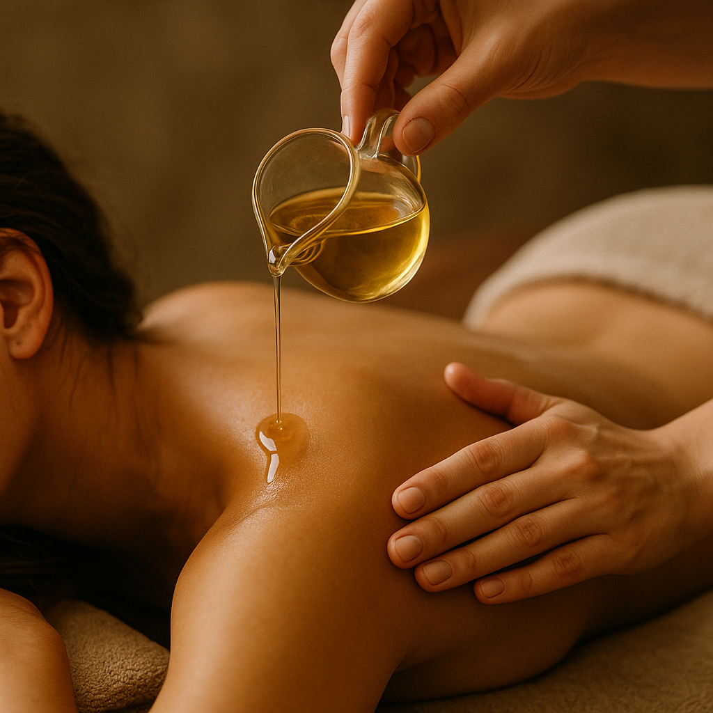 A person receiving a hot oil massage with warm oil being poured onto their back in a calming spa setting.