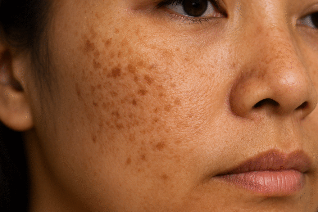 Close-up of a woman’s cheek with visible hyperpigmentation and post-acne marks under natural light, representing skin concerns treated with Ayurvedic remedies.