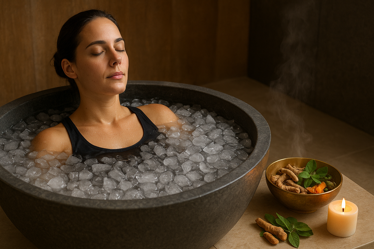 A woman relaxing in an ice bath surrounded by Ayurvedic herbs, a brass bowl, and a candle in a calm spa setting.
