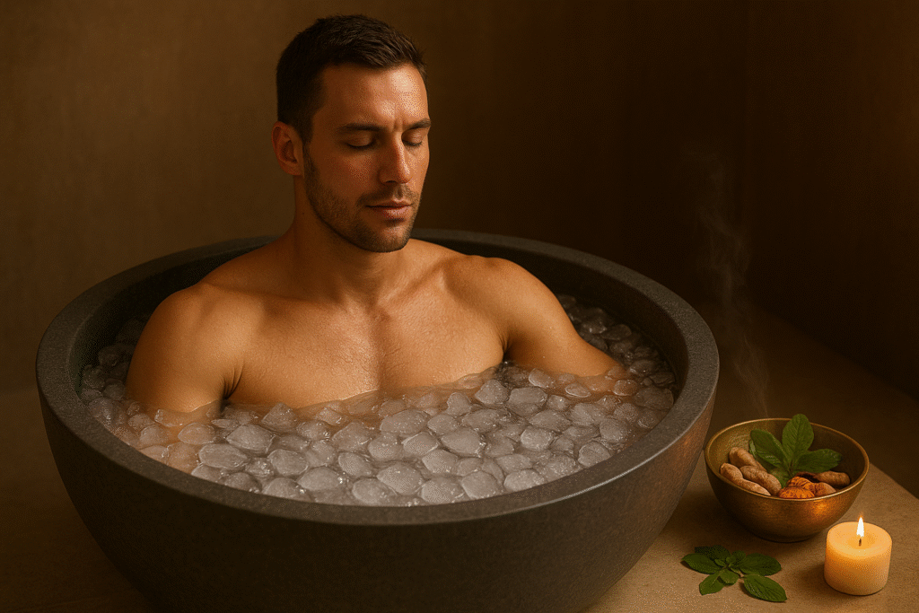 A fit man relaxing in an ice bath with Ayurvedic herbs, turmeric, and a candle nearby, symbolizing natural recovery and improved circulation.
