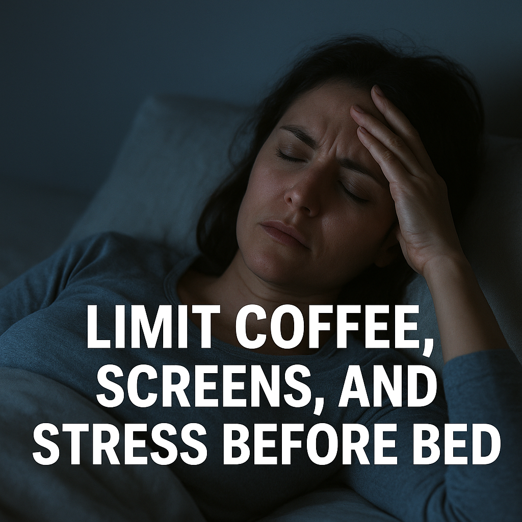 A tired woman lying in bed with her hand on her forehead, under soft blue light, with text advising to limit coffee, screens, and stress before bedtime.