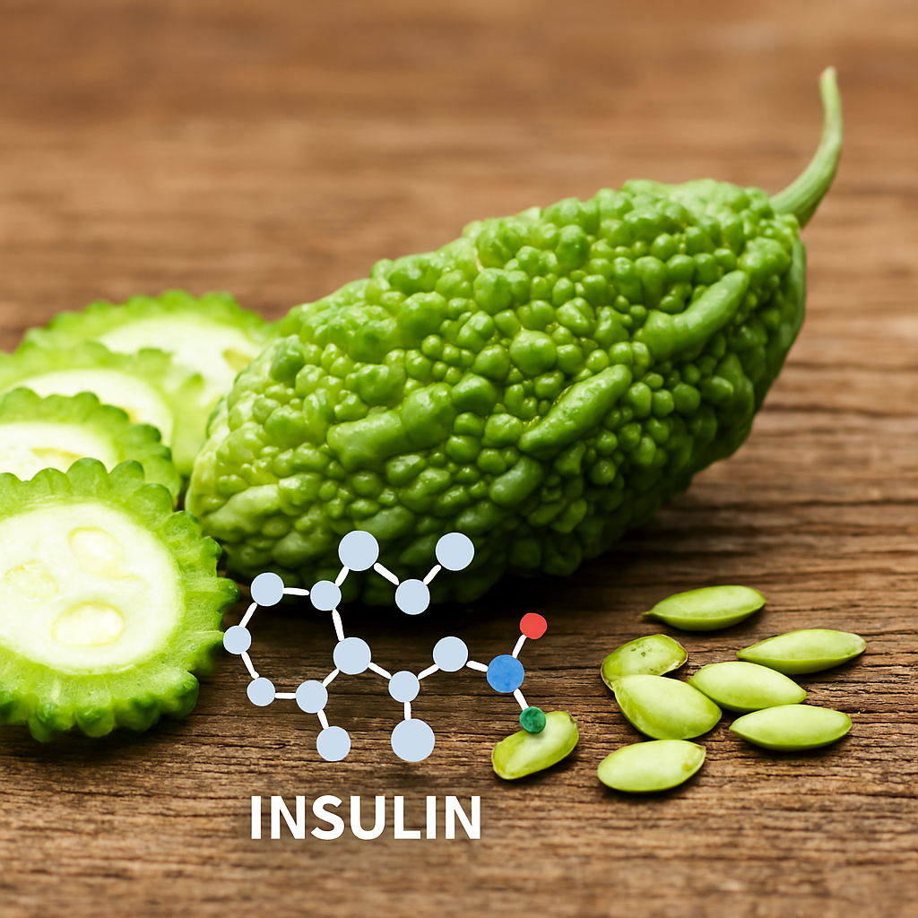 Close-up of a fresh bitter melon on a wooden surface, with slices showing its pale green interior and seeds; a stylized insulin molecule diagram is overlaid to highlight its natural antidiabetic compounds.