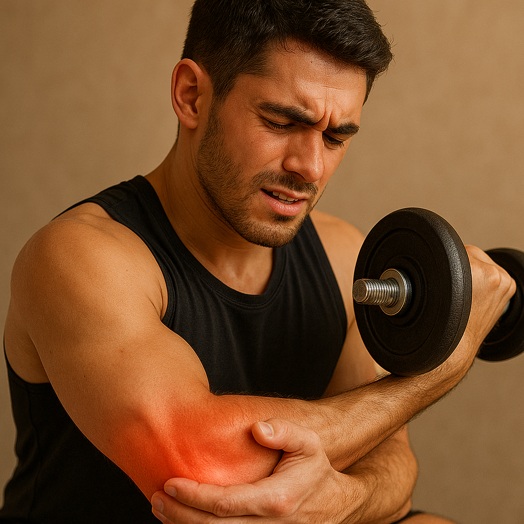 Athlete lifting a dumbbell holding his elbow in pain showing joint inflammation from weightlifting