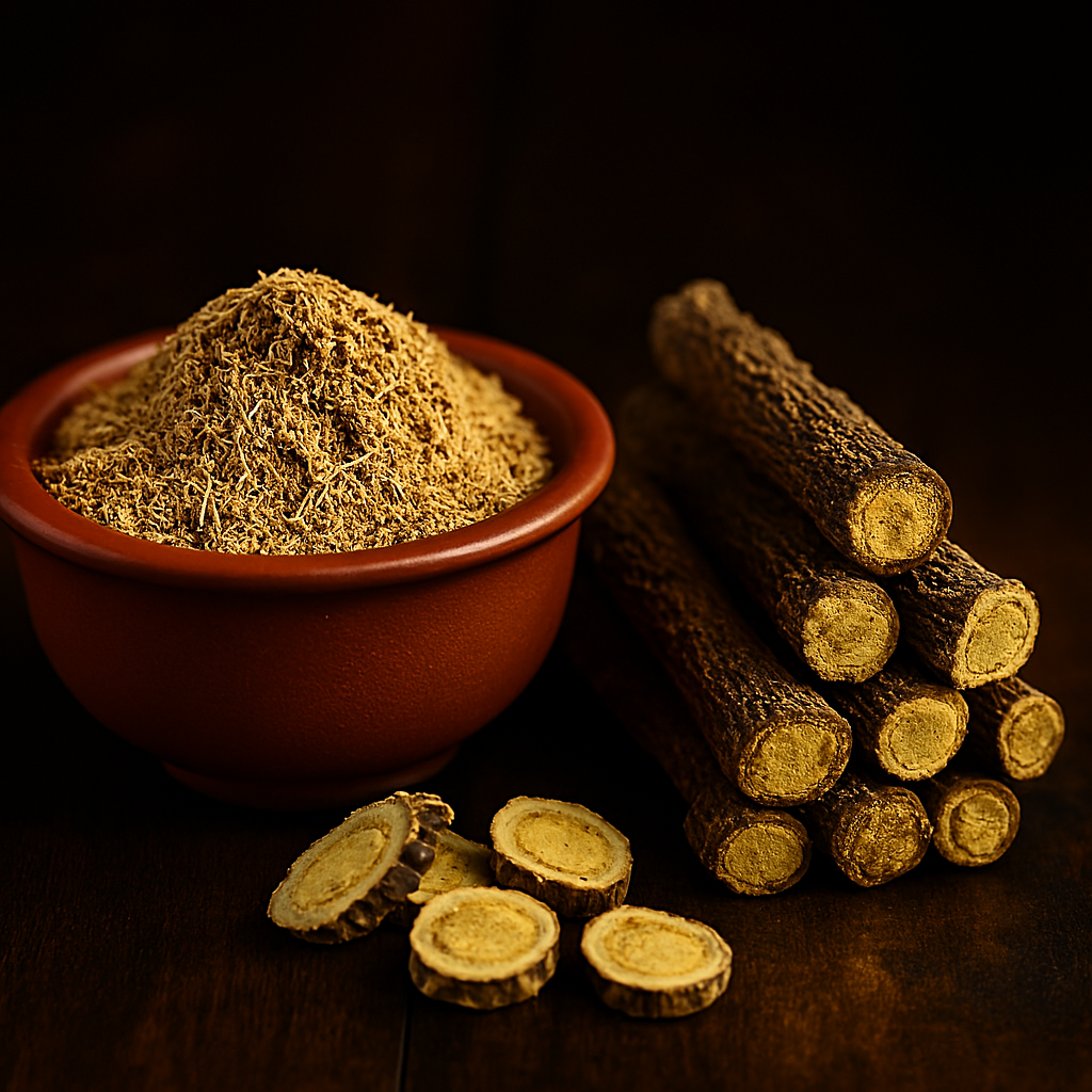 Close-up of dried Mulethi (licorice) sticks with twisted bark, powdered licorice in a terracotta bowl, and sliced root pieces arranged on a dark wooden surface with warm lighting and a blurred background.
