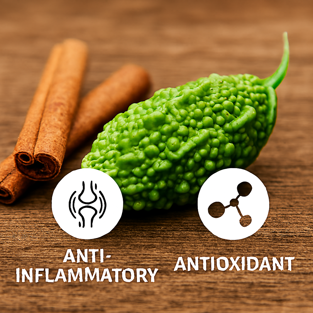 Close-up of cinnamon sticks and a fresh bitter melon on a wooden surface, with icons representing anti-inflammatory and antioxidant properties floating above them.