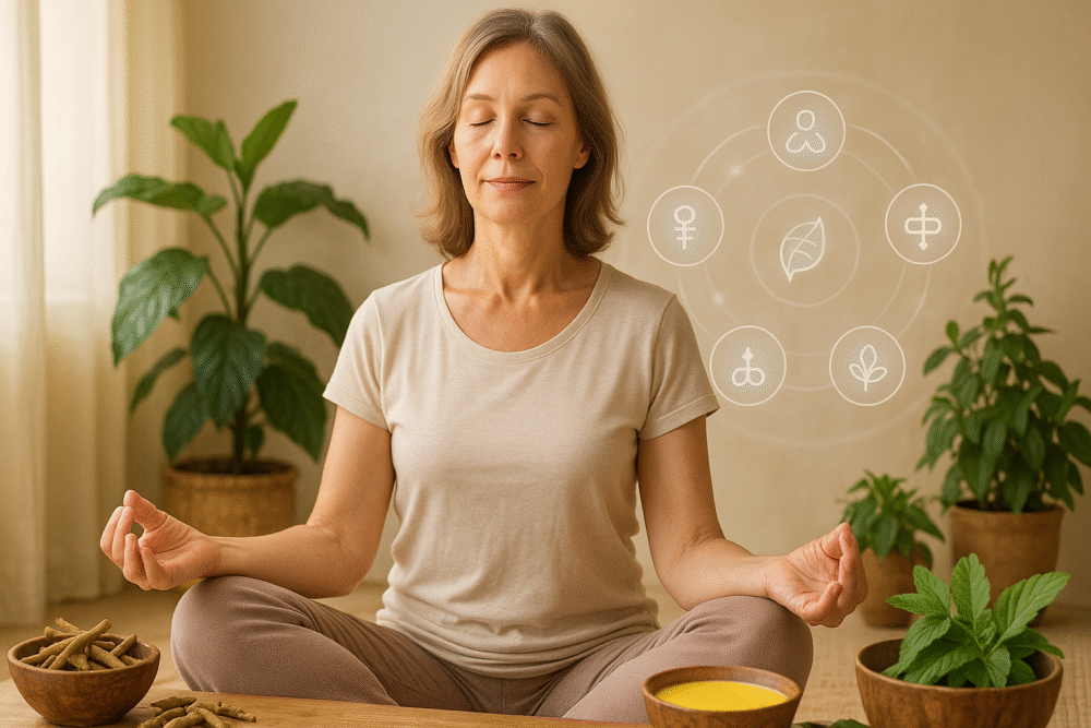 Woman practicing yoga surrounded by Ayurvedic herbs and plants symbolizing holistic hormonal balance naturally after menopause.