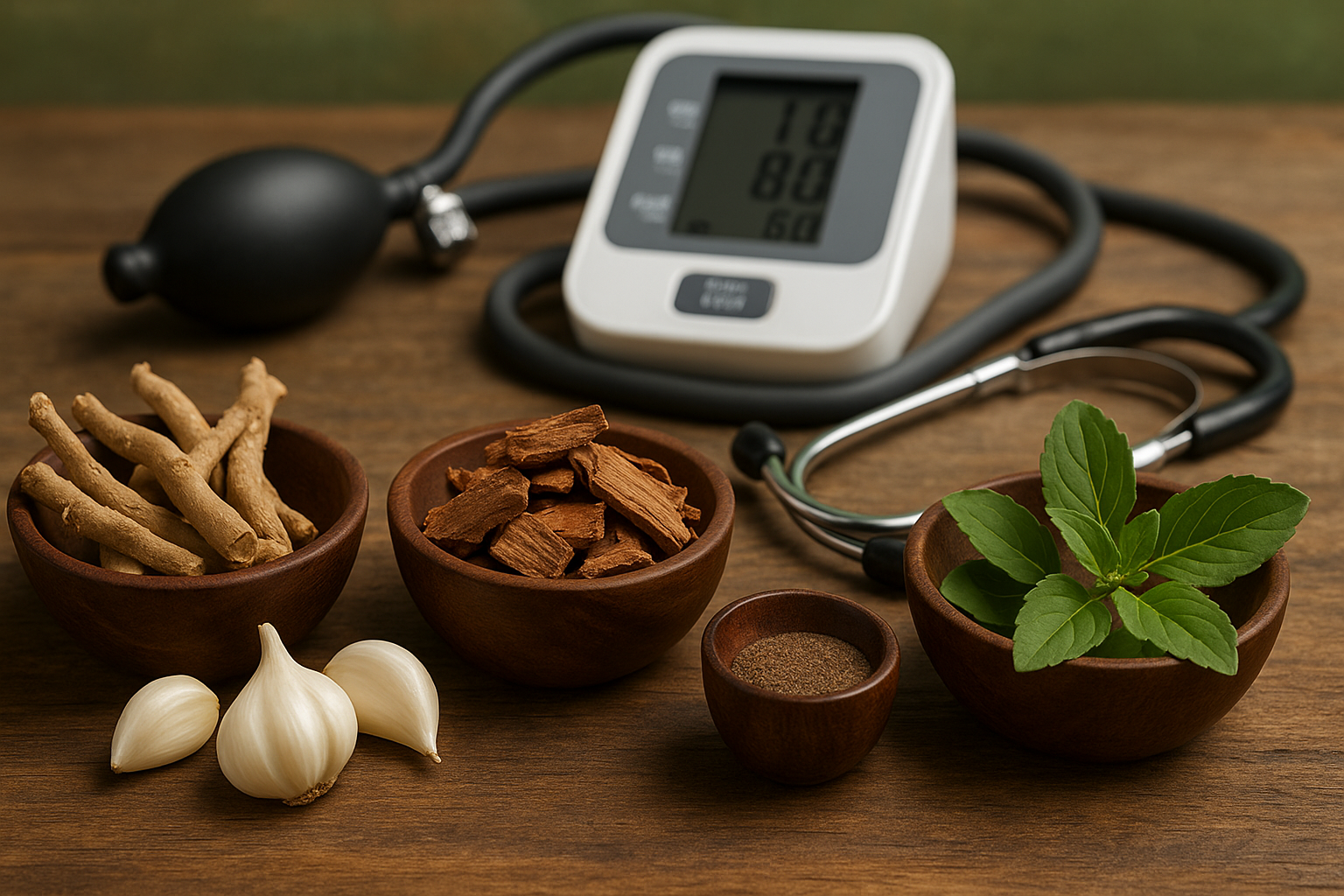 Wooden bowls with ashwagandha, arjuna bark, garlic, tulsi leaves, and a blood pressure monitor representing Ayurvedic remedies for hypertension.