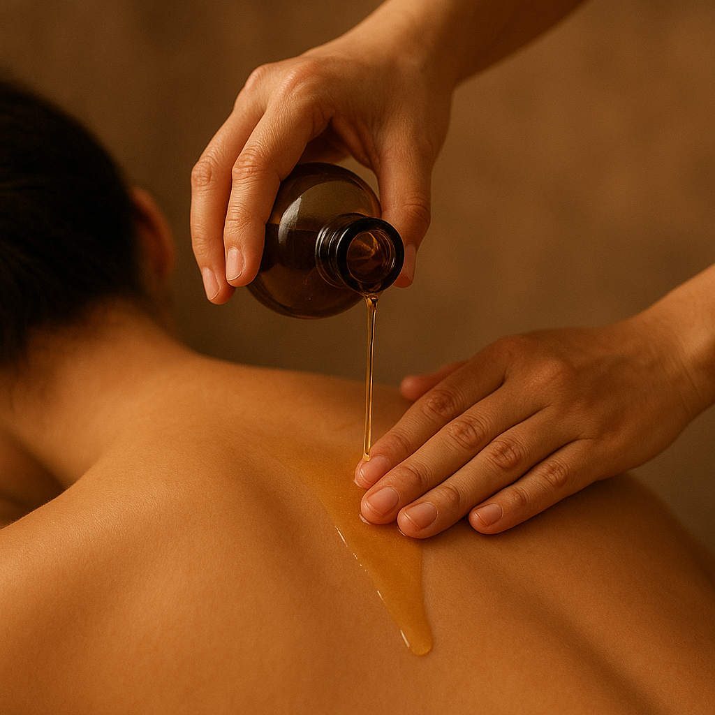 Therapist gently pouring warm massage oil onto a person’s back, creating a soothing and calming atmosphere that encourages relaxation and restful sleep.