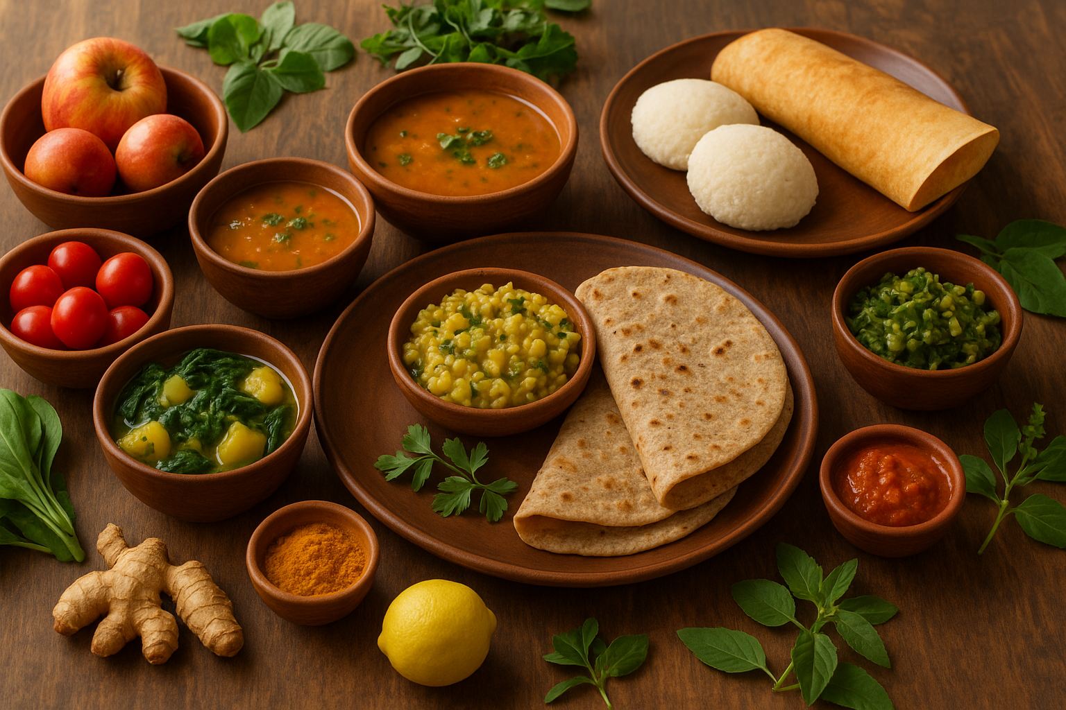Plant-based Ayurvedic Indian diet spread with traditional foods including roti, khichdi, lentils, leafy greens, idli, dosa, turmeric, ginger, and tulsi.