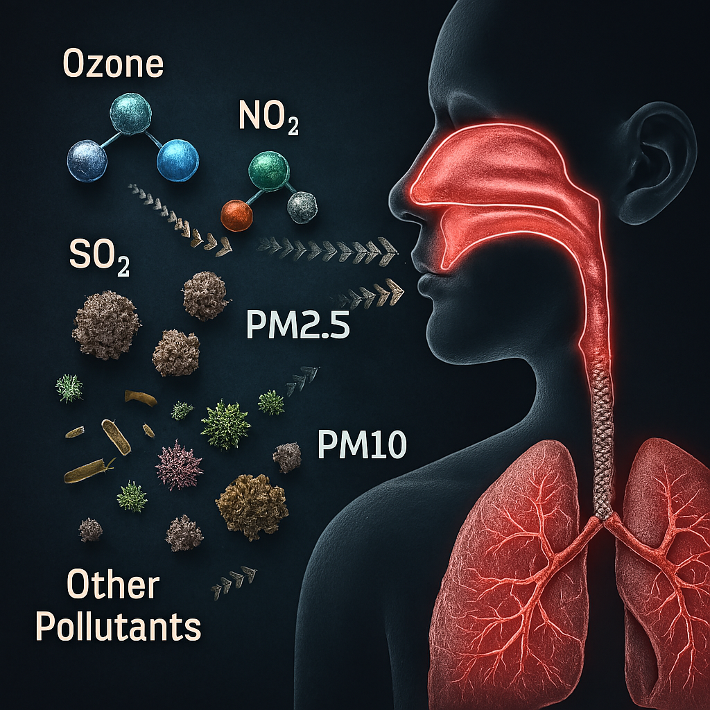 Medical illustration showing a semi-transparent human profile with highlighted respiratory tract and lungs, as labeled pollutants—Ozone, NO₂, SO₂, PM2.5, PM10, and others—enter through the nose and mouth, depicted as colored particles and arrows against a dark background.