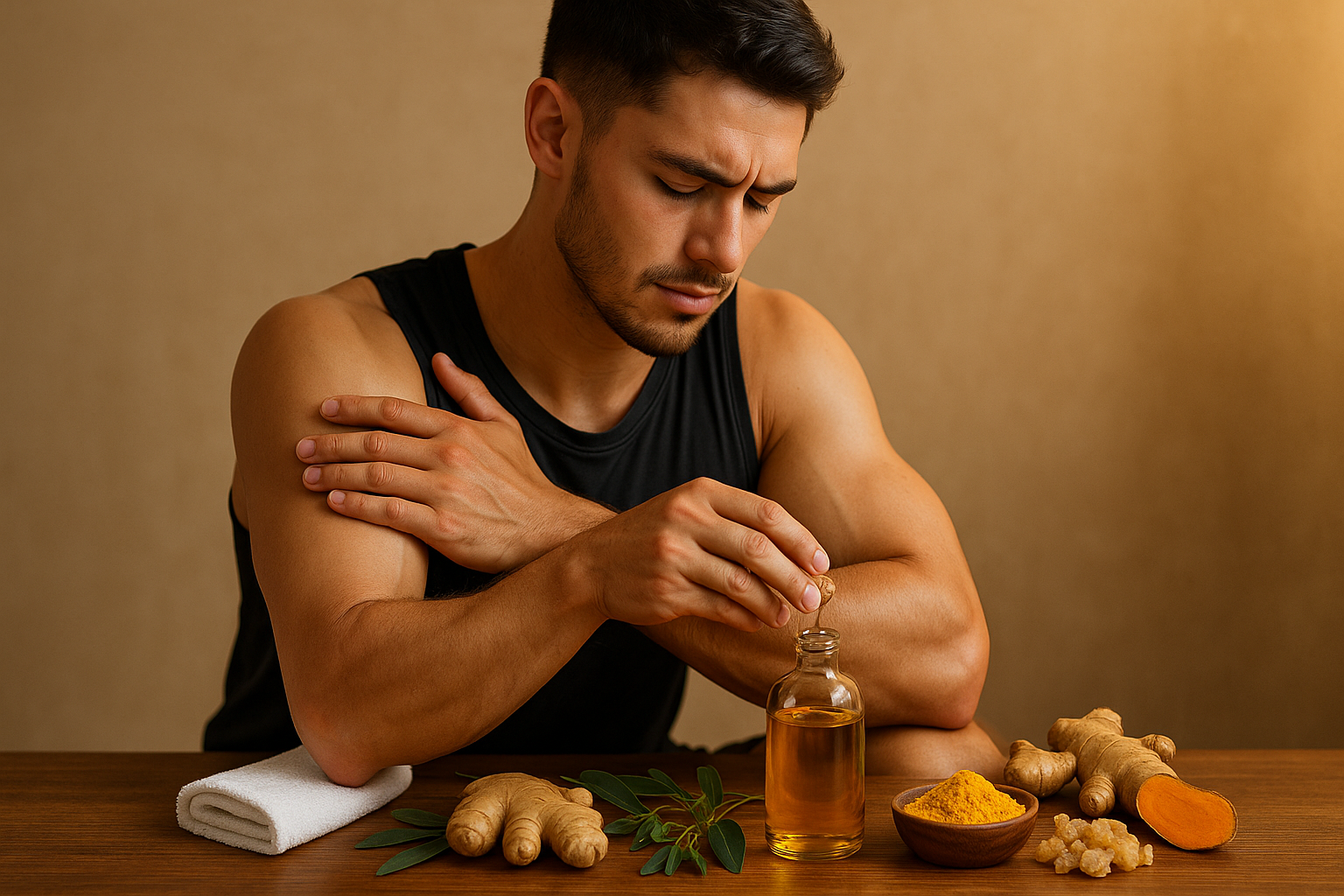 Athlete using Ayurvedic home remedies to relieve joint pain after weightlifting