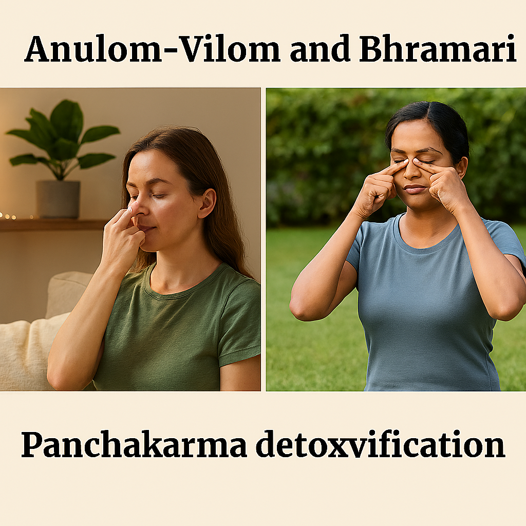 Split-screen image showing a woman practicing Anulom-Vilom indoors and another practicing Bhramari outdoors, with text highlighting their role in Panchakarma detoxification — styled for Ayurvedic wellness education.