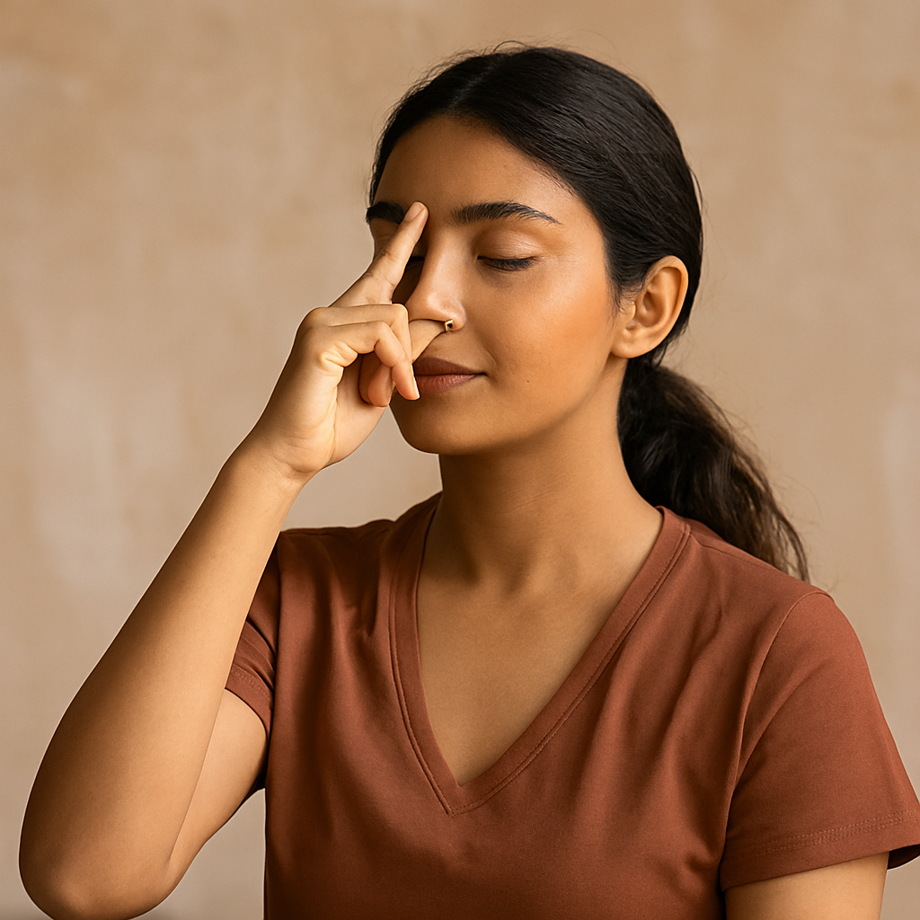 A South Asian woman seated cross-legged on a yoga mat, performing Anulom-Vilom pranayama with one nostril closed, eyes gently shut, in front of a textured beige wall with soft natural lighting.