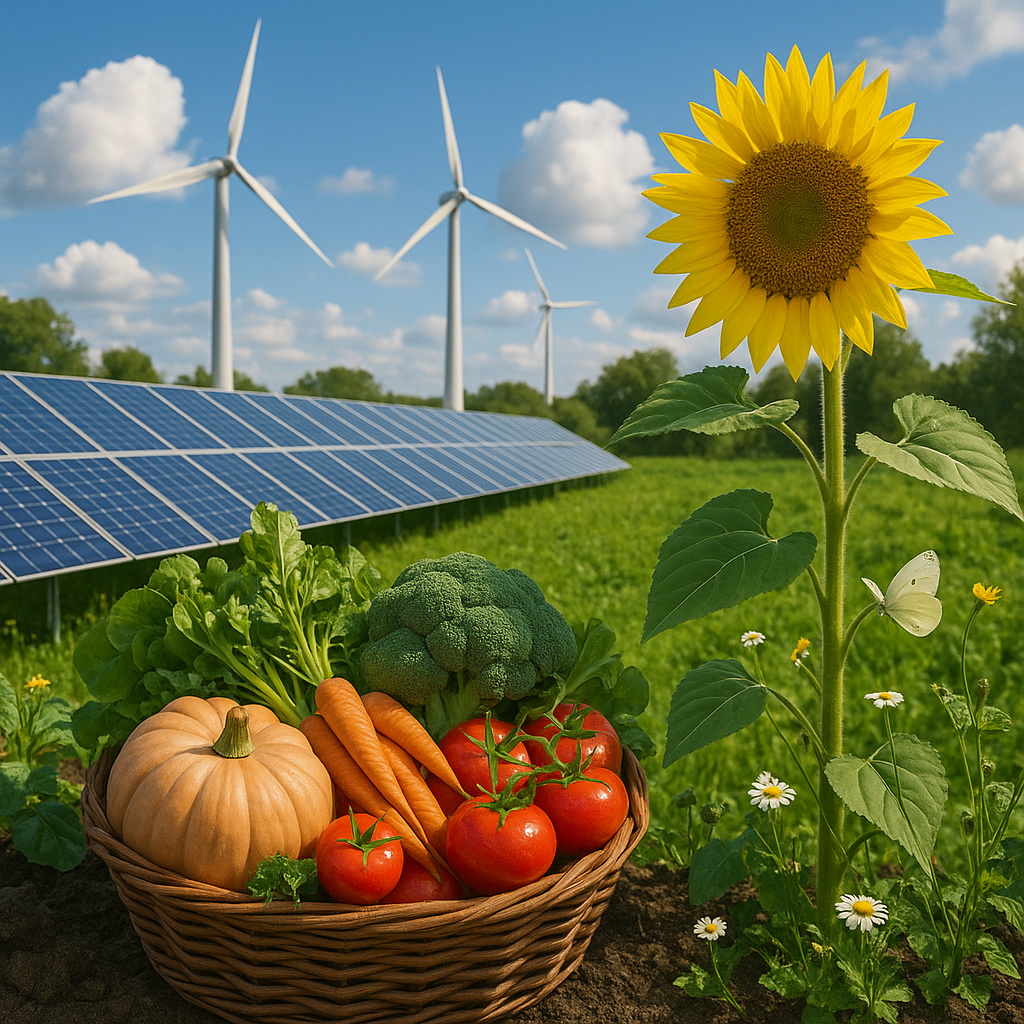 A basket of organic vegetables placed in front of solar panels and wind turbines with a sunflower and butterfly in a lush green field under a sunny blue sky.