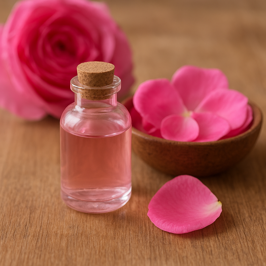 Bottle of rose water toner with cork lid beside rose petals and a wooden bowl, representing Ayurvedic natural skincare hydration.