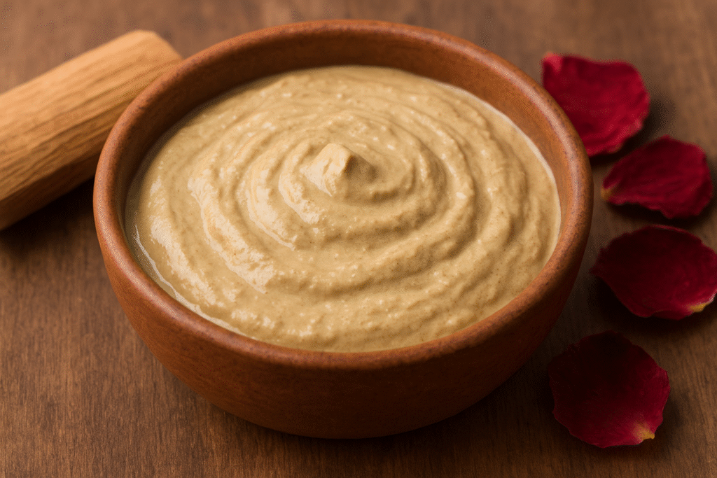 Ayurvedic sandalwood face pack in a wooden bowl with creamy beige texture, rose petals, and sandalwood stick on a rustic wooden surface.