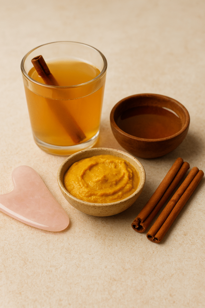 Rose quartz gua sha tool beside a glass of cinnamon water, turmeric paste, sandalwood, and honey bowls on a natural surface, representing Ayurvedic skincare and wellness.