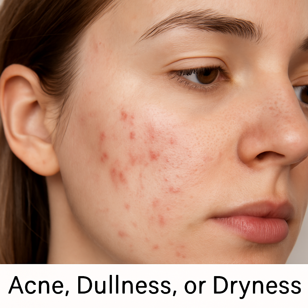 “Close-up of a woman’s face showing acne spots, dull skin, and dry patches illustrating common skincare problems.”