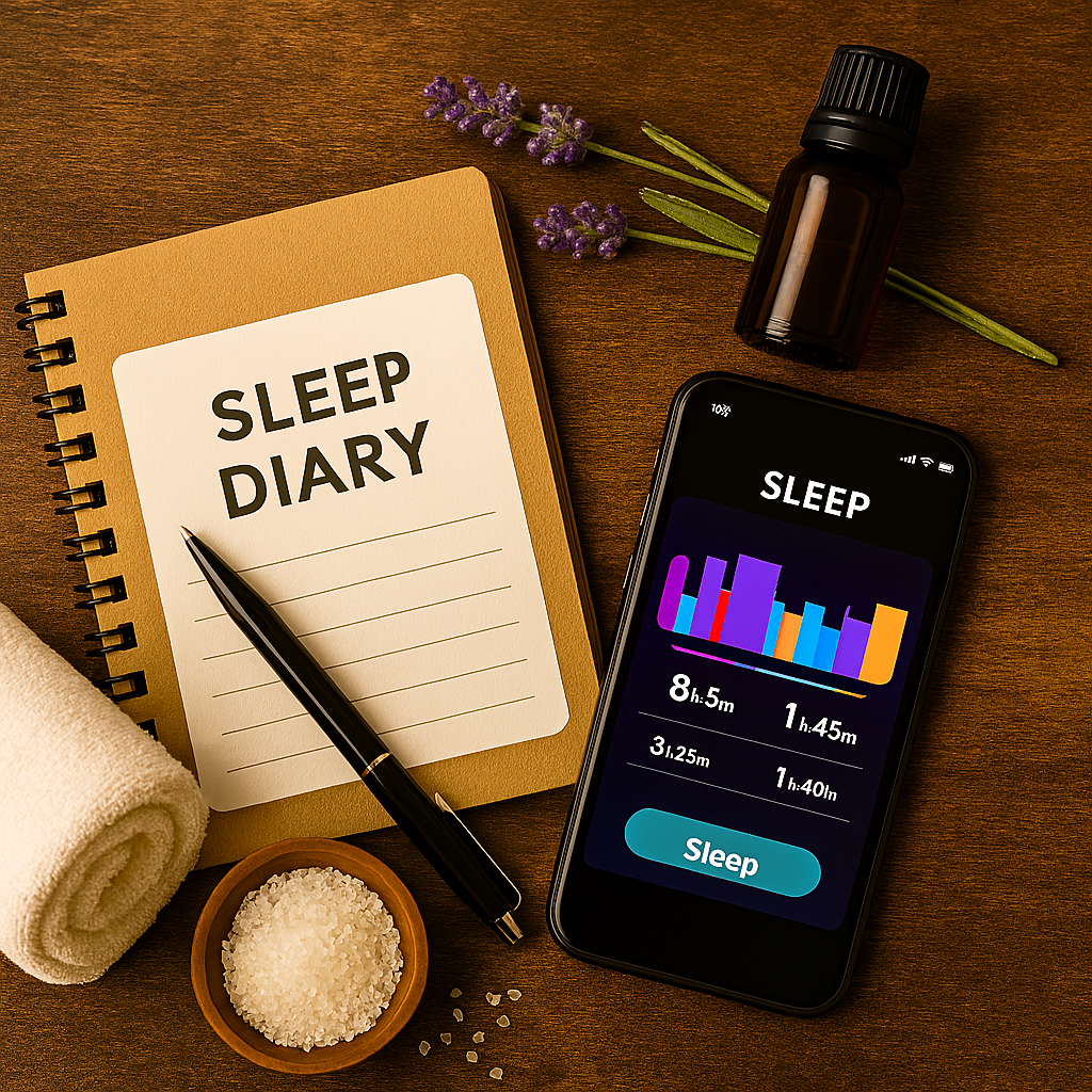Sleep diary with pen, smartphone displaying a sleep app, amber bottle of lavender essential oil, and sprig of fresh lavender on a wooden surface.