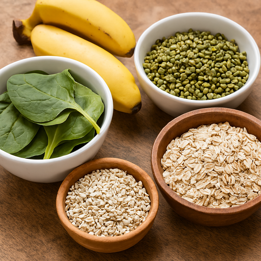 Assorted healthy foods including fresh spinach, ripe bananas, mung beans, barley, and oats arranged in ceramic and wooden bowls on a rustic wooden surface — showcasing nutrient-dense ingredients that support blood pressure regulation.