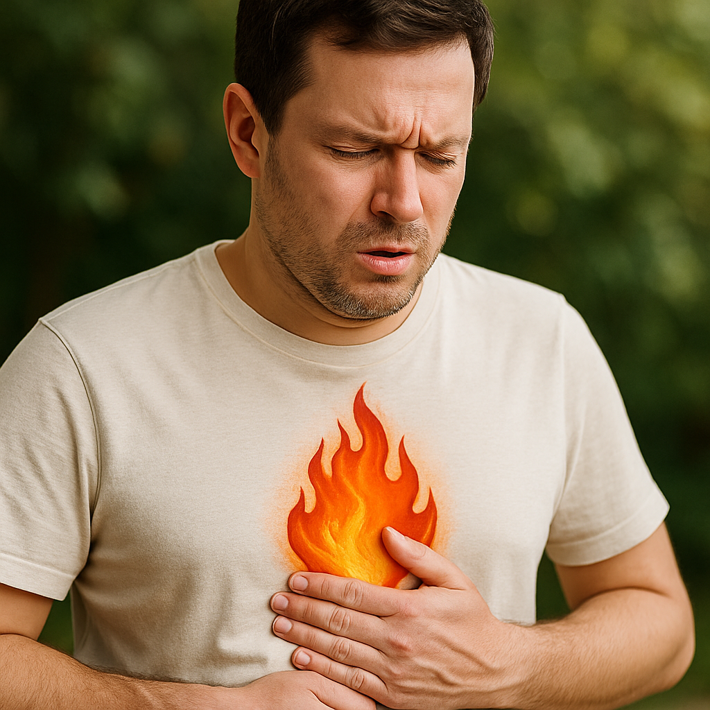 A man holding his stomach with discomfort, symbolizing acidity, bloating, and burning sensation from overeating