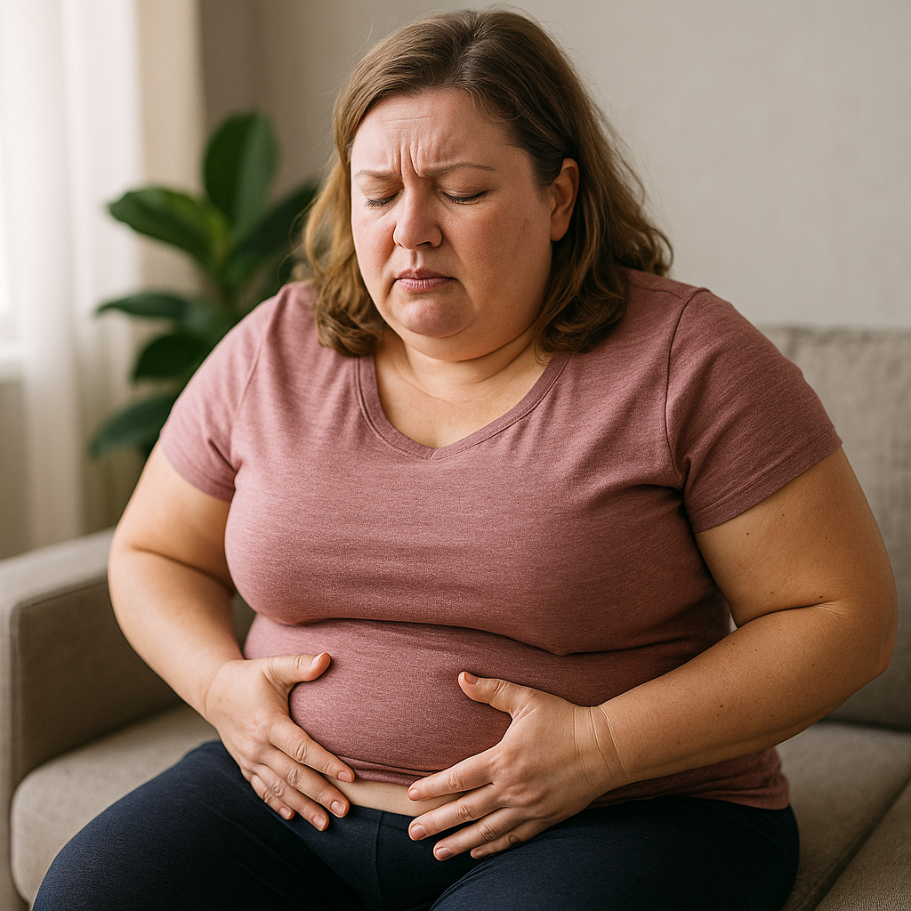 Woman holding her stomach showing discomfort due to weak digestion and hormonal imbalance, symbolizing causes of stubborn belly fat.