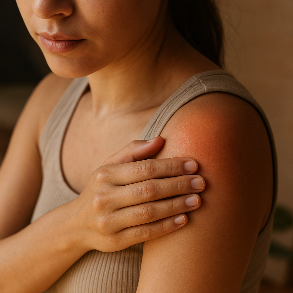 Close-up of a woman touching her red, inflamed shoulder, illustrating muscle soreness and delayed healing caused by toxin buildup.