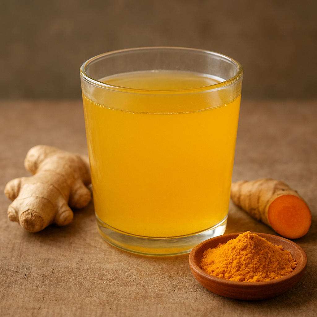 A glass of steaming golden turmeric-ginger water placed on a wooden surface, surrounded by ginger root, turmeric powder, and sliced turmeric.