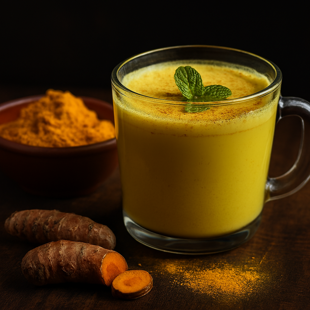 A clear glass mug filled with frothy golden turmeric milk, garnished with mint leaves, placed beside a terracotta bowl of turmeric powder and fresh turmeric roots on a dark wooden surface with a moody background.