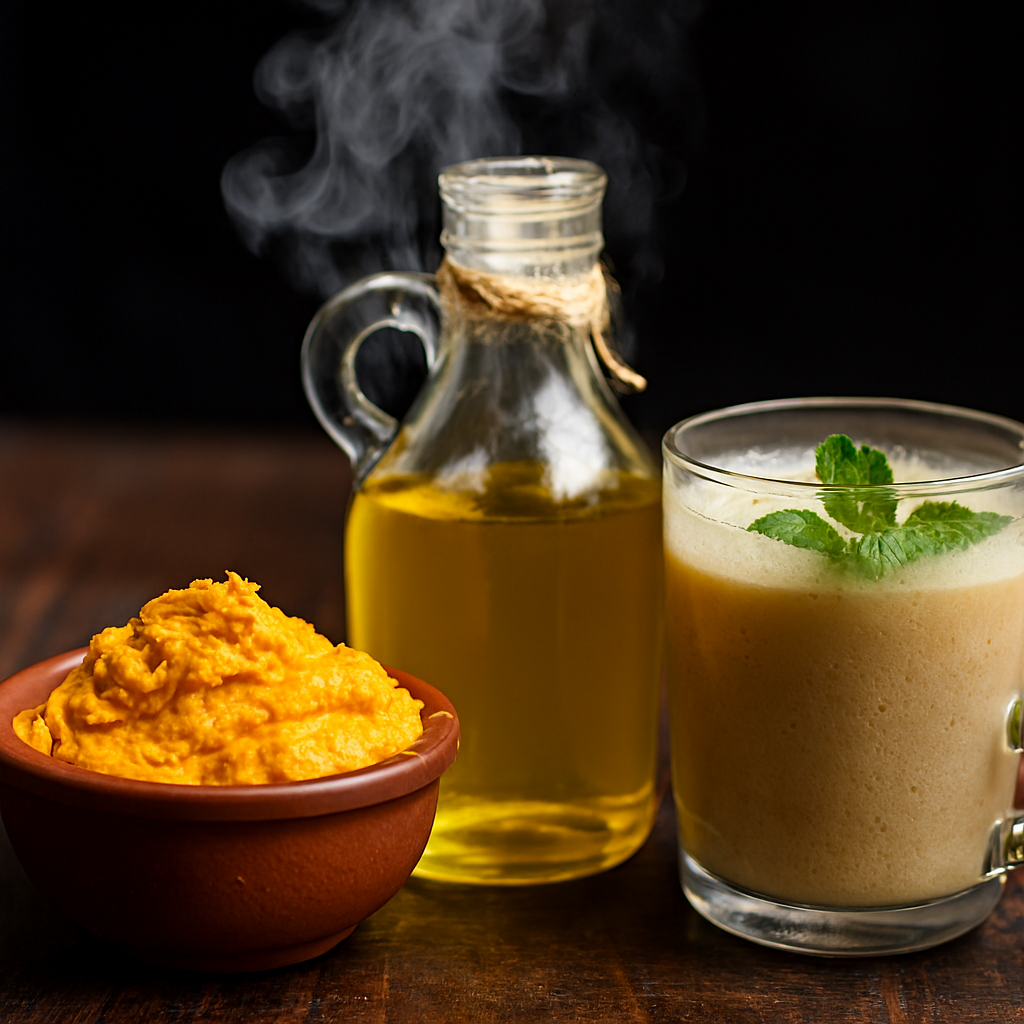 Close-up of turmeric paste in a terracotta bowl, steaming mustard oil in a glass bottle, and a frothy herbal beverage garnished with mint, arranged on a dark wooden surface with a black background.