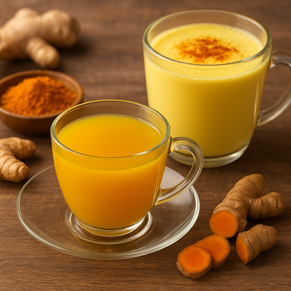 A glass cup of turmeric tea and a mug of golden milk placed on a wooden table with turmeric roots and powder nearby.