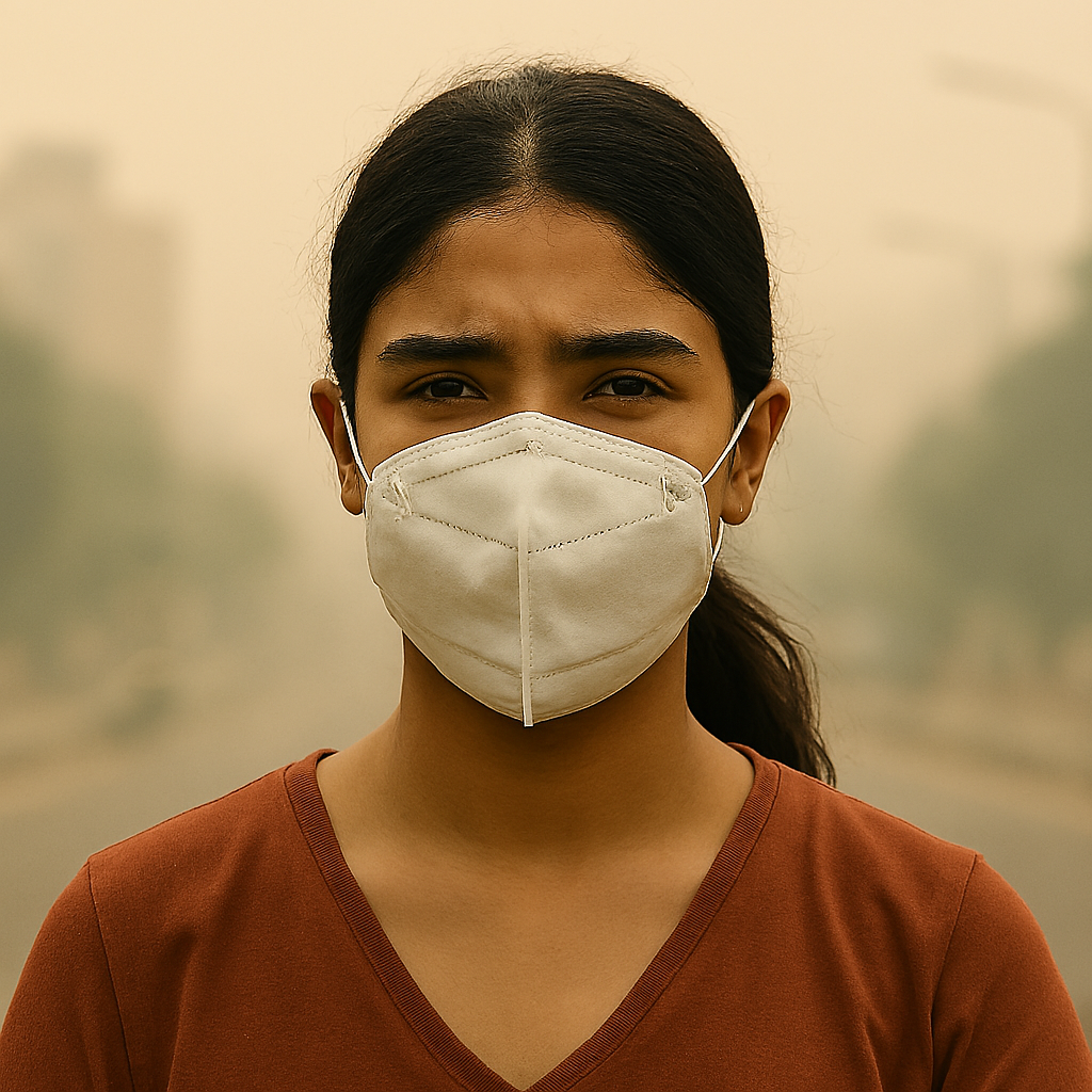 South Asian woman wearing a white protective face mask outdoors on a hazy day, with blurred urban buildings and trees in the background, dressed in a rust-colored shirt.
