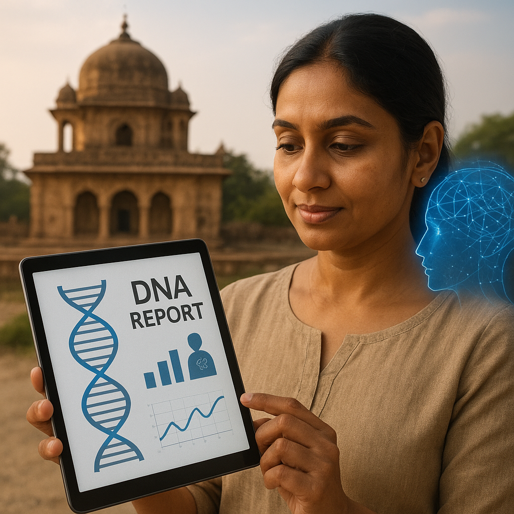Woman holding a tablet showing a DNA report, with an ancient Indian temple and a digital neural network in the background, symbolizing AI-based precision wellness rooted in heritage.
