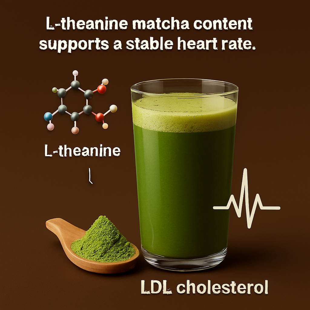 3D infographic showing a glass of matcha tea, L-theanine molecular structure, and a stylized heartbeat line indicating cardiovascular support.