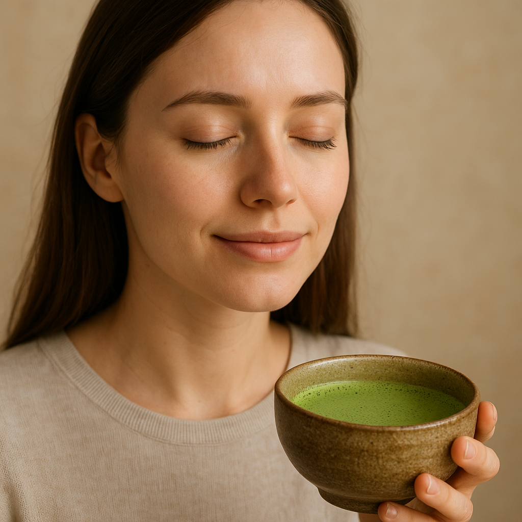 A serene woman holding a bowl of green matcha tea with eyes closed, symbolizing calmness and mental alertness supported by matcha’s natural L-theanine and caffeine balance.