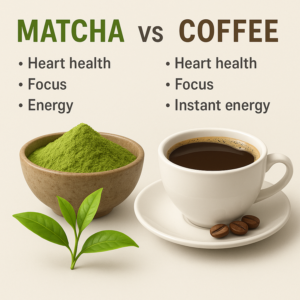 A 3D realistic infographic comparing matcha and coffee benefits, showing green matcha powder and brown coffee beans side by side with icons for heart health, energy, and focus.
