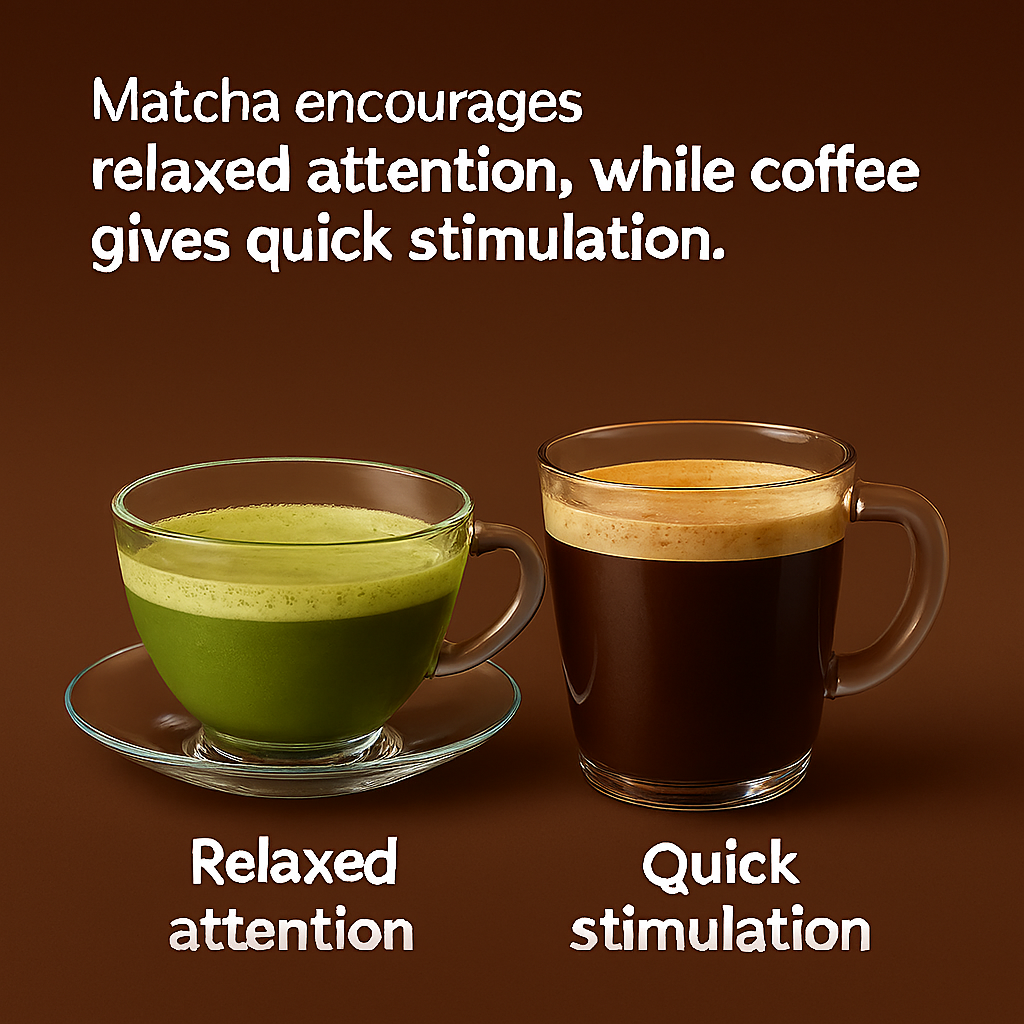 3D infographic showing a glass of matcha tea and a coffee mug side by side, illustrating the calming effect of L-theanine and the stimulating effect of caffeine.