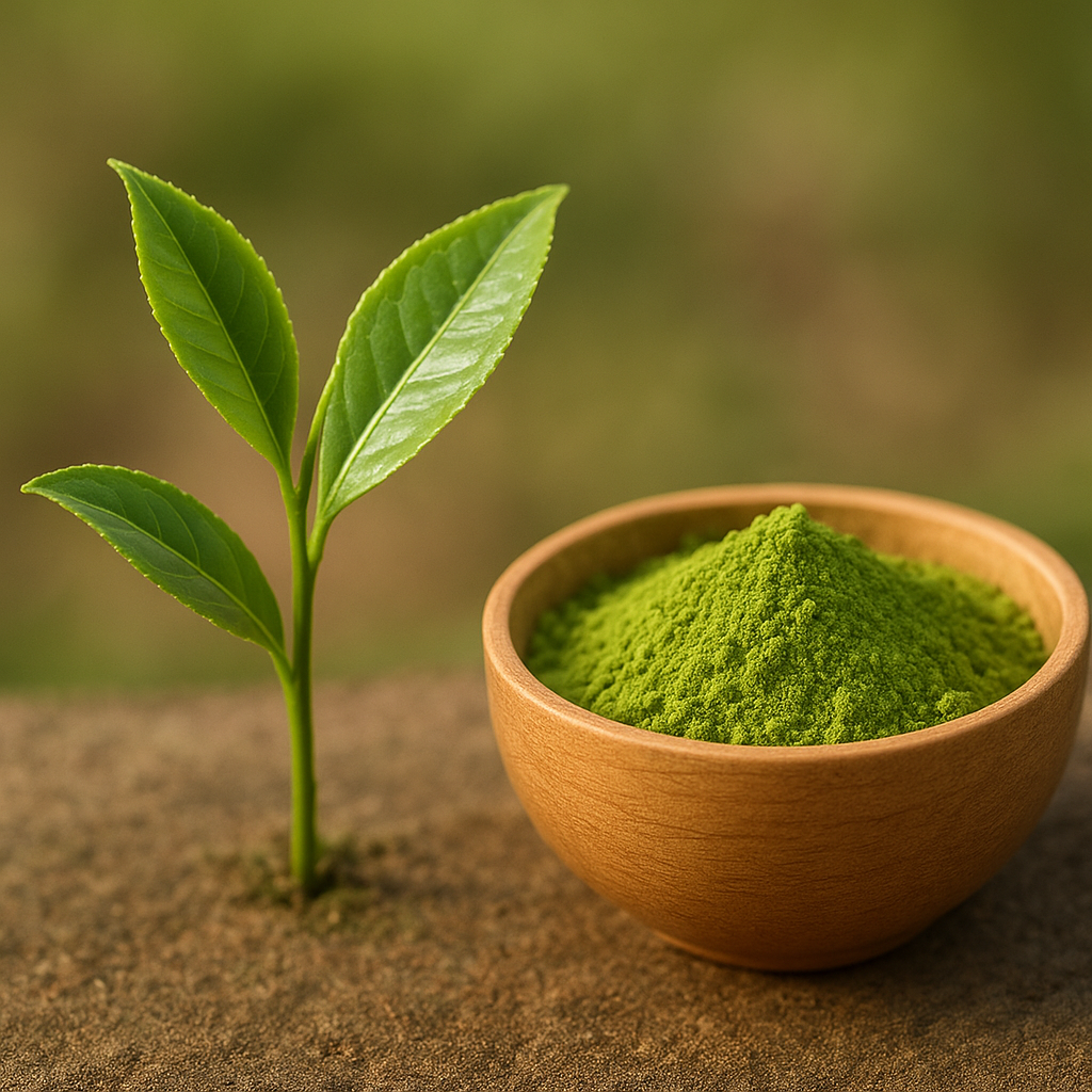 A young matcha tea plant with bright green leaves beside a wooden bowl filled with vivid green matcha powder, symbolizing natural energy and purity.