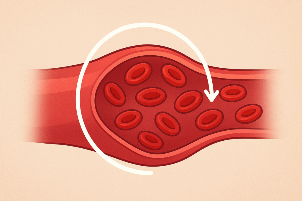 A medical-style illustration showing red blood cells moving smoothly through a healthy artery, representing stable blood circulation and artery flexibility.