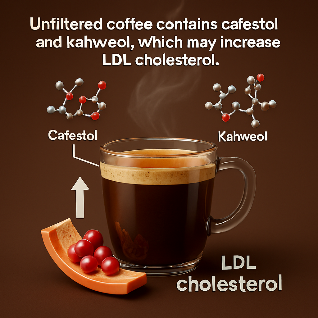 3D infographic showing a cup of unfiltered coffee with labeled molecular structures of cafestol and kahweol, and a visual representation of increased LDL cholesterol.